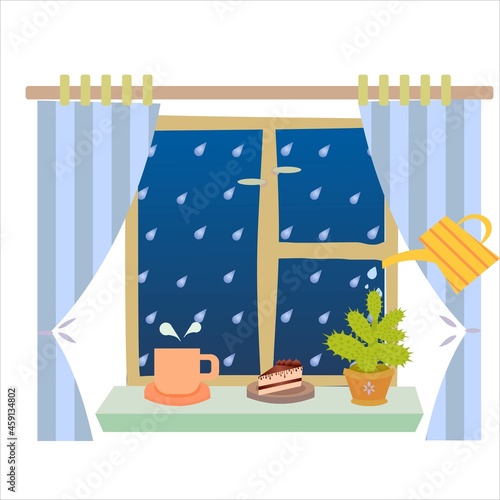 vector image of a succulent with a watering can, a cup and a cake on a windowsill. Image of cozy rany evening spent at home with a view on a rain. 
