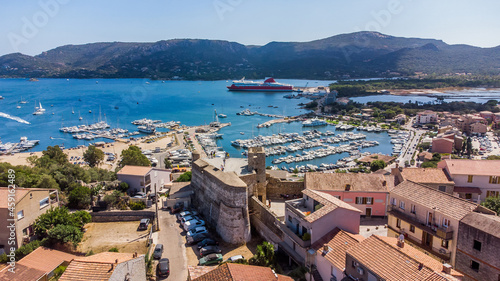 Aerial view of the Bastion de France in Porto-Vecchio in the South of Corsica, France - Medieval citadel by the Genoese in front of the Mediterranean Sea