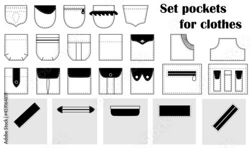 Set patch, slash pockets for clothes, shirts, dresses, pants, coats, jackets. Vector isolated.