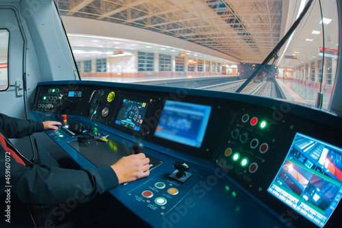 Metro train driver from operation cabin during the high speed in subway tunnel.