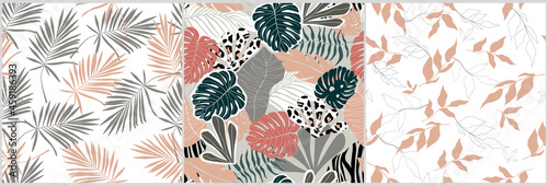 A set of seamless contemporary abstract patterns with exotic leaves, branches, simple geometric shapes, animal print. Palm, monstera, tropical plants. Vector graphics.