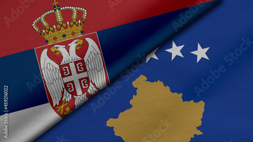 3D Rendering of two flags from republic of serbia and republic of kosovo together with fabric texture, bilateral relations, peace and conflict between countries, great for background