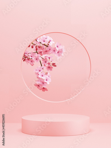 japanese style cosmetic background. Pink podium and cherry blossom background for product presentation. 3d rendering illustration.