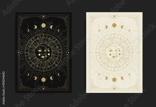 Moon and sun face with luxurious detailed patterns & geometric shapes in engraving, hand drawn, line art, luxury, celestial, esoteric, boho style