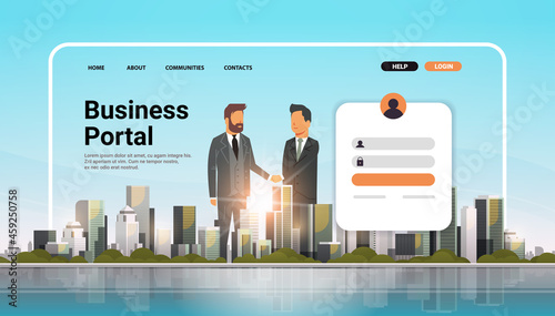 business portal website landing page template businesspeople shaking hands agreement concept
