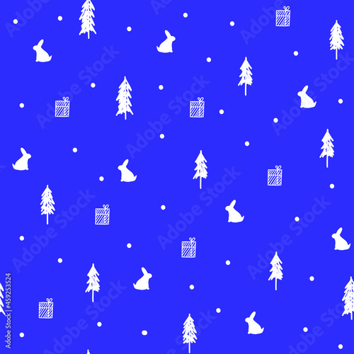 Happy new year and Christmas celebration seamless pattern with white rabbit silhouette,fir tree and gift boxes on blue background,print for wallpaper,cover design,packaging,holiday interior decor. 