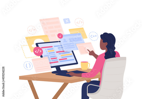 Software developer semi flat color vector character. Sitting figure. Person on white. Programmer at work isolated modern cartoon style illustration for graphic design and animation