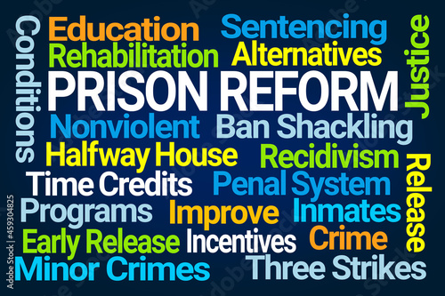 Prison Reform Word Cloud on Blue Background