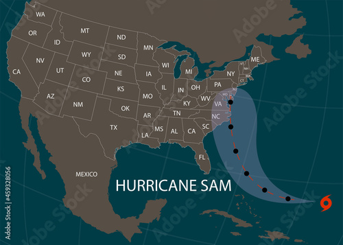 Hurricane Sam moves into the USA. World map. Vector illustration. EPS 10