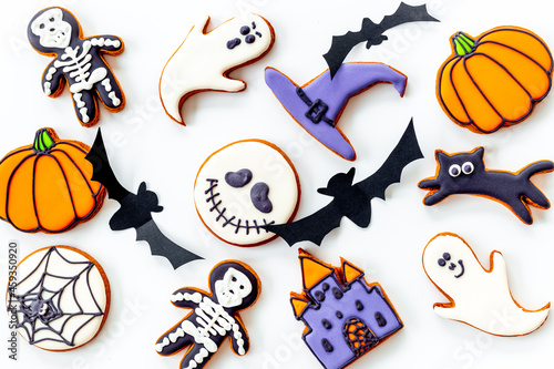 Halloween party background flat lay with gingerbread cookies
