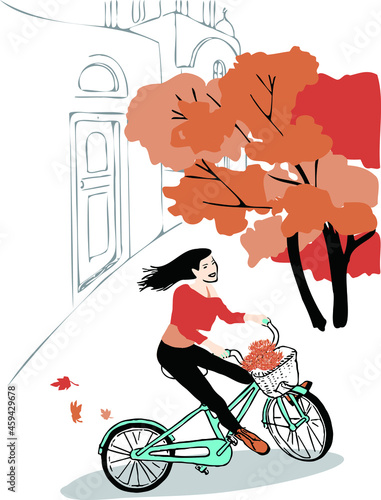 girl riding vintage bicycle, orange flowers in the basket, on the autumn street, maple trees aside, a church in the background, wearing orange top, black tight and orange boots, happily, hair flies. 