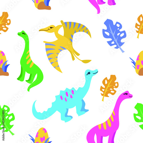 Childish seamless pattern with dinosaur and tropical leaves on a white background. Cute dino design. Perfect fit for nursery clothes, fabric, wrapping paper, wallpaper, textile design.
