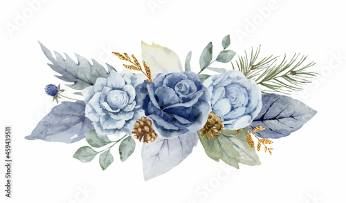 A watercolor vector winter bouquet with dusty blue flowers and branches.