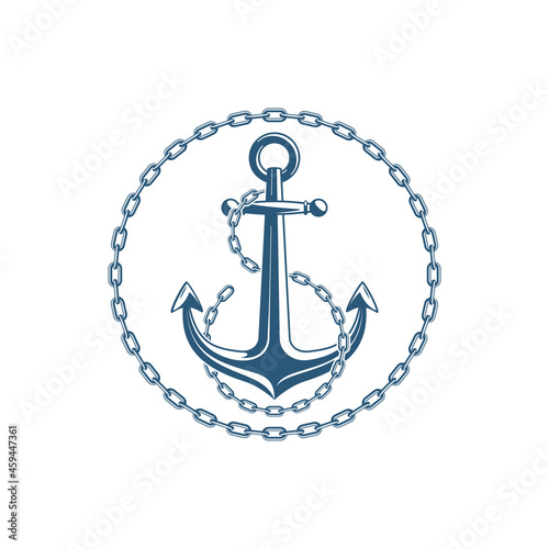 Nautical Anchor with chain links, isolated white background. Ship anchor with round chain frame, vintage icon. Vector illustration for marine and heraldry design. EPS 10.