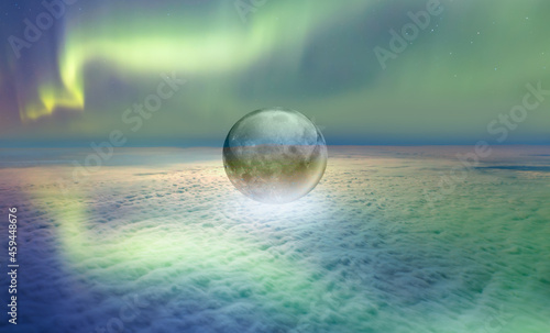 Northern lights or Aurora borealis in the sky over the clouds with crstall full moon "Elements of this image furnished by NASA"
