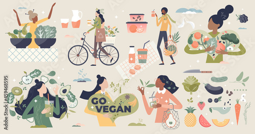 Vegan and natural, green diet eating lifestyle tiny person collection set. Avoid meat elements and animal products in your meal with healthy alternative from vegetarian nutrition vector illustration.