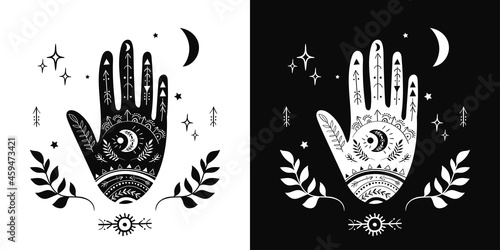 Mystic hand with esoteric elements, boho symbols, modern design