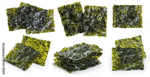Crispy nori seaweed korean snack isolated on white background. Collection with clipping path.