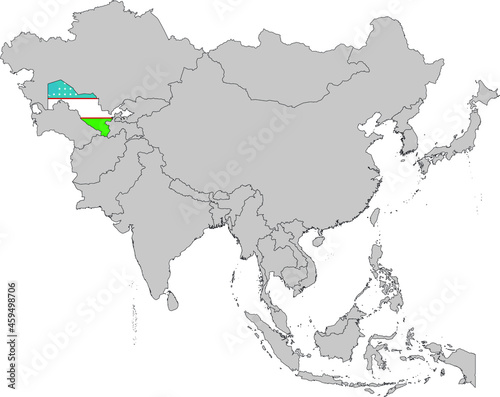 Map of Uzbekistan with national flag on Gray map of Asia
