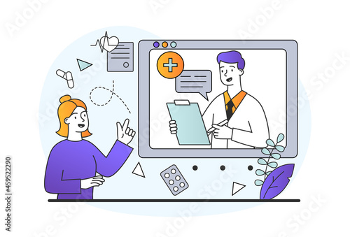 Online consultation with doctor concept. Woman communicates with therapist via video link. Medic works remotely. Telemedicine quarantined. Cartoon flat vector illustration isolated on white background