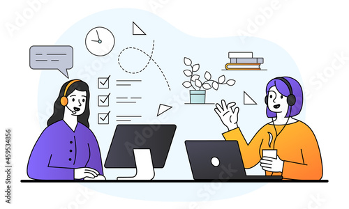 Two young female characters are working on computers in the office together on white background. Concept of hybrid workplace with employees working from office. Flat cartoon vector illustration