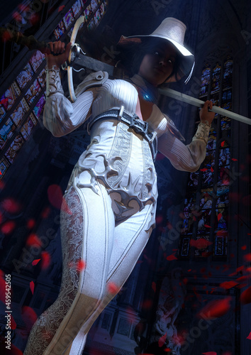 An elegant female vampire in a pointed hat and a tight white suit, stands elegantly in a dynamic perspective with a two-handed sword against the background of a stained-glass cathedral 3d rendering
