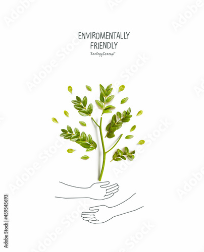 Environmentally friendly planet concept. Green tree, made of green leaves and sprout with sketches of hand holding plant. Think Green. Ecology Concept. Plant the tree. Protecting and love nature.Flat 