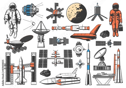 Space icons of rocket, spaceman and planets satellites, vector galaxy exploration. Lunar rover and spaceship shuttle, orbital station and meteor asteroids, cosmodrome spacecraft launch pad and sputnik