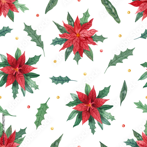 Watercolor seamless pattern with poinsettia flowers and leaves of holly on white. Christmas plants hand painted illustration. Great for xmas wrapping papers, fabrics. Red and green colors.