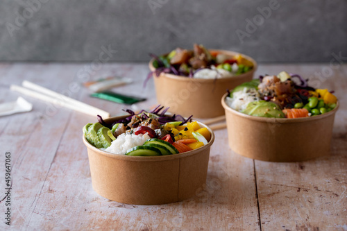 Takeaway ahi tuna poke bowls photography