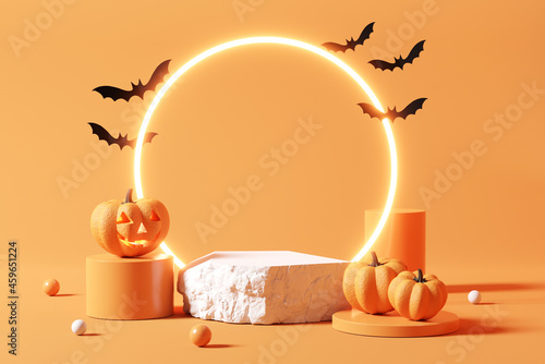 Stone podium and minimal abstract background for Halloween, 3d rendering, Smiling pumpkin character with bat on circle light, Stage for product
