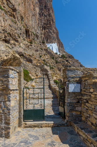 The famous Hozoviotissa Monastery standing on a rock over the Aegean sea in Amorgos island, Cyclades, Greece.