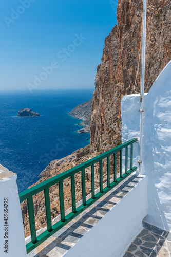 view from the famous Hozoviotissa Monastery standing on a rock over the Aegean sea in Amorgos island, Cyclades, Greece.