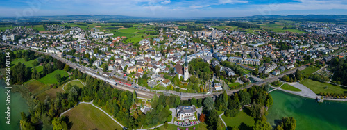 Aerial view around the old town of the city Cham in Switzerland on a sunny day in summer.