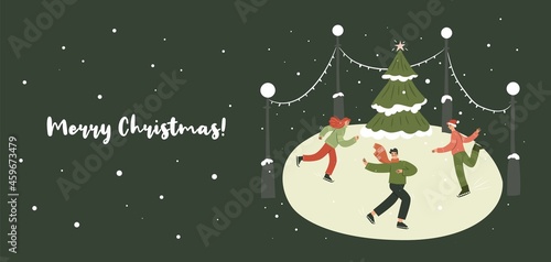 Christmas ice skating banner. People on ice rink having fun. Christmas tree, snow, ugly sweaters. Flat vector illustration