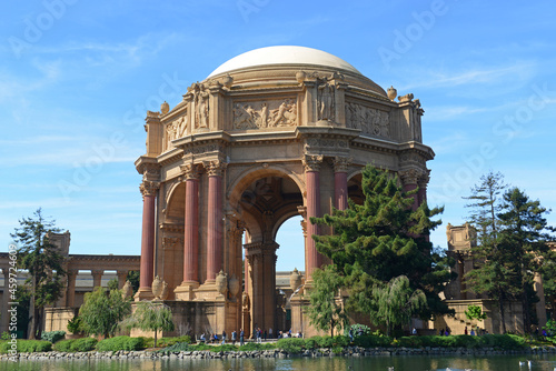 The Palace of Fine Arts was built in 1915 with Beaux Arts style at 3601 Lyon Street in San Francisco, California CA, USA. 
