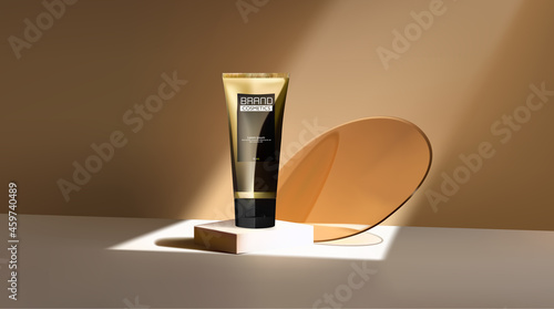 Product cosmetic on podium with transparent circle disks . Mockup 3D illustration . Realistic vector illustration . 