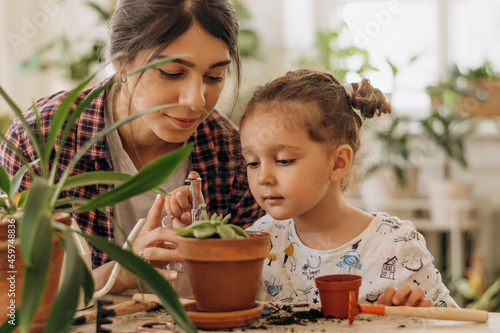 Happy mixed race family young woman with a little daughter is planting and watering houseplants at home.Home gardening.Family leisure, hobby concept.Biophilia design and urban jungle concept.