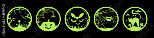 Halloween concept. Bright green neon silhouettes of angry pumpkin, bats, spiders, cobwebs, graveyard, grave crosses, dry trees in a circle against an ominous black background. Vector illustration.
