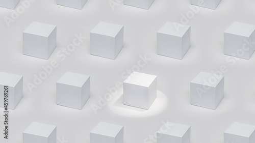 An outstanding white cubic podium in accent lighting among podiums in the same lighting