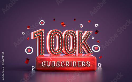 100k subscribers celebration. Hundred thousand followers social media congratulation card 3d render
