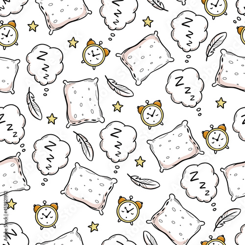 Sleep, bed time seamless pattern. Zzz, dream time kids background. Hand drawn sketch doodle style. Alarm, pillow, zzz element. Vector illustration.
