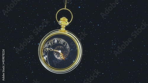 Pendulum of pocket watch against the background of the starry sky. 3D