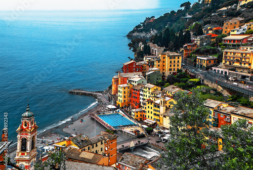 High angle view of Sori village and beach coast, Genova, Liguria