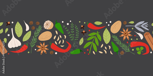 Spices and herbs seamless border. Flat hand drawn cooking ingredients with textured details. Spicy kitchen print for textile, decoration, banner.