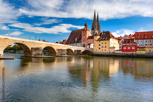 Sunny Stone Bridge, Cathedral and Old Town of Regensburg, eastern Bavaria, Germany