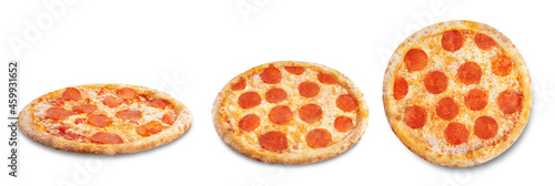 Fresh baked cheese pepperoni pizza on a white isolated background