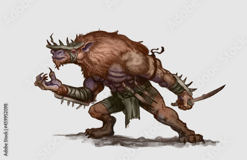 Digital painting of a rodent like Kobold creature with primitive armor and weapons isolated on white - fantasy illustration