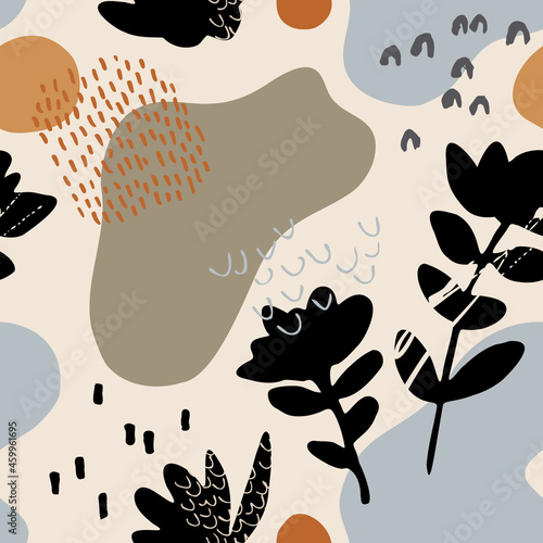 Grunge textured organic shapes and cut out flowers seamless pattern.