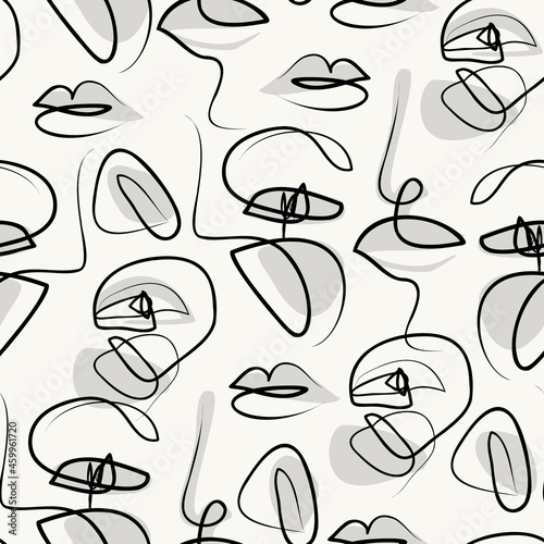 Modern female face, eyes, lips in one line drawing on doodle background